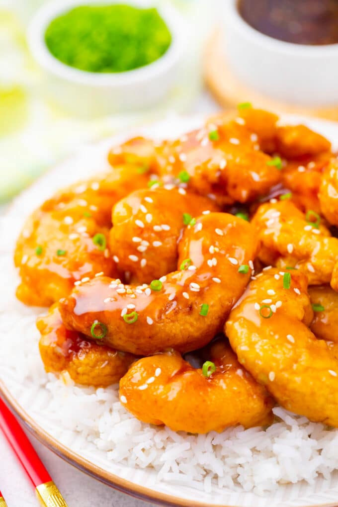 Close shot of PF Chang's crispy honey shrimp.