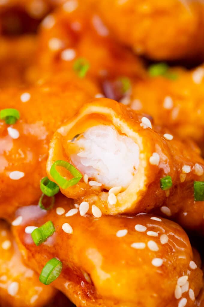 Close shot of PF Chang's crispy honey shrimp tender interior.