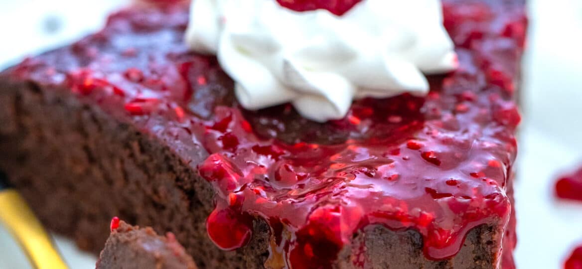 image of low carb chocolate cake with raspberry sauce and whipped cream