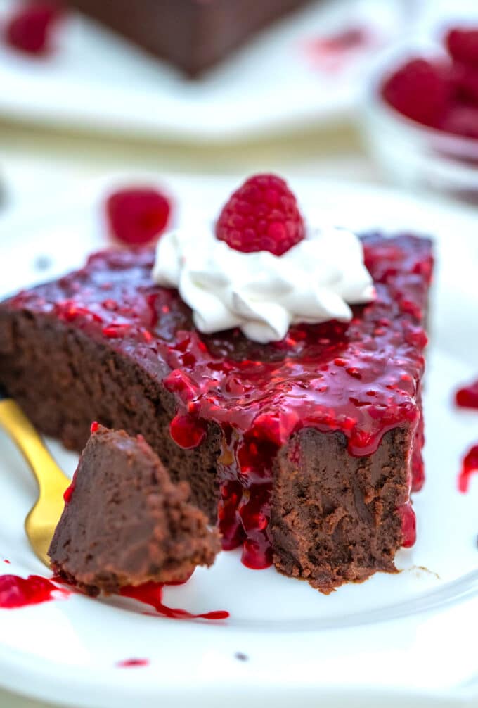 image of low carb chocolate cake with raspberry sauce and whipped cream
