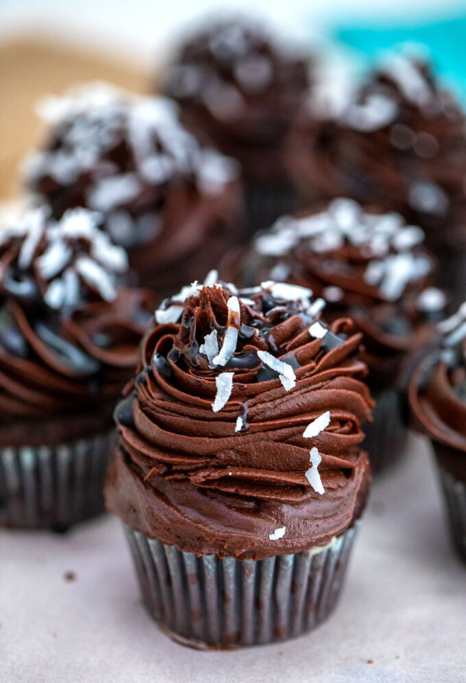 Photo of homemade German chocolate cupcakes.