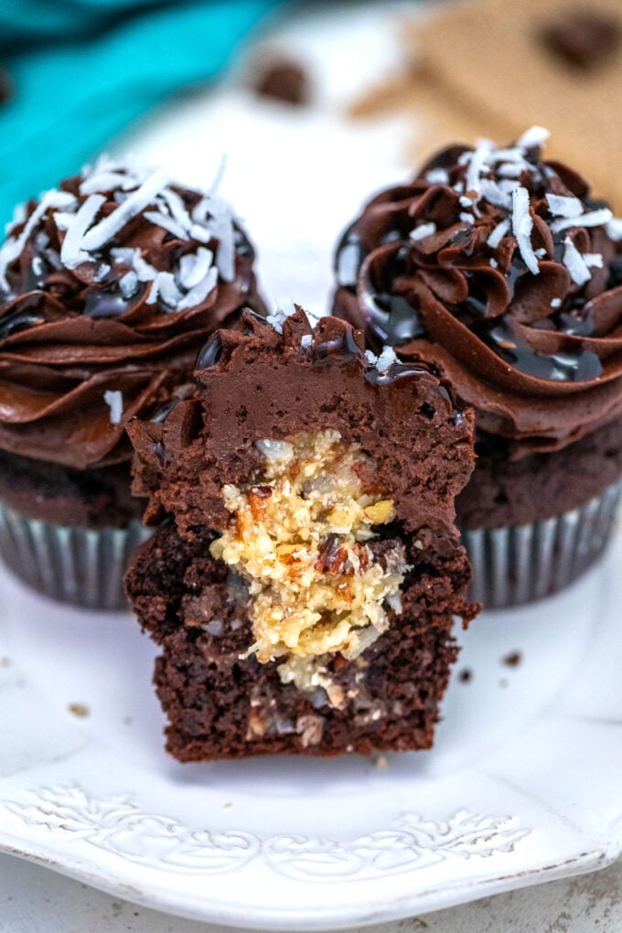 Photo of German chocolate cupcakes with coconut filling.