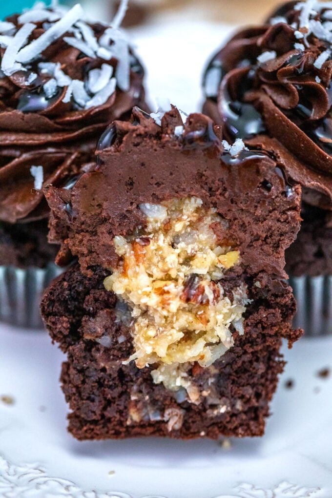 Image of German chocolate cupcakes with coconut filling.