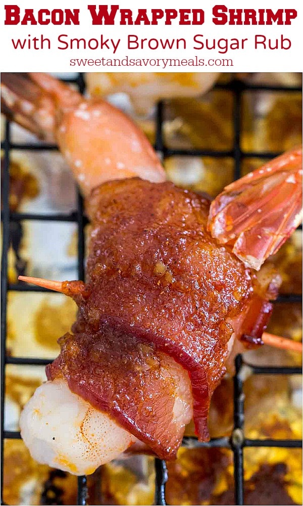 crispy Brown Sugar Bacon Wrapped Shrimp on a wire rack