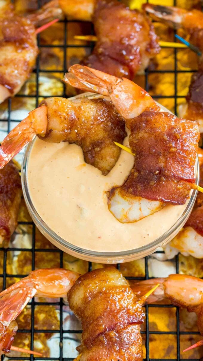 Bacon Wrapped Shrimp dipped in a spicy aioli