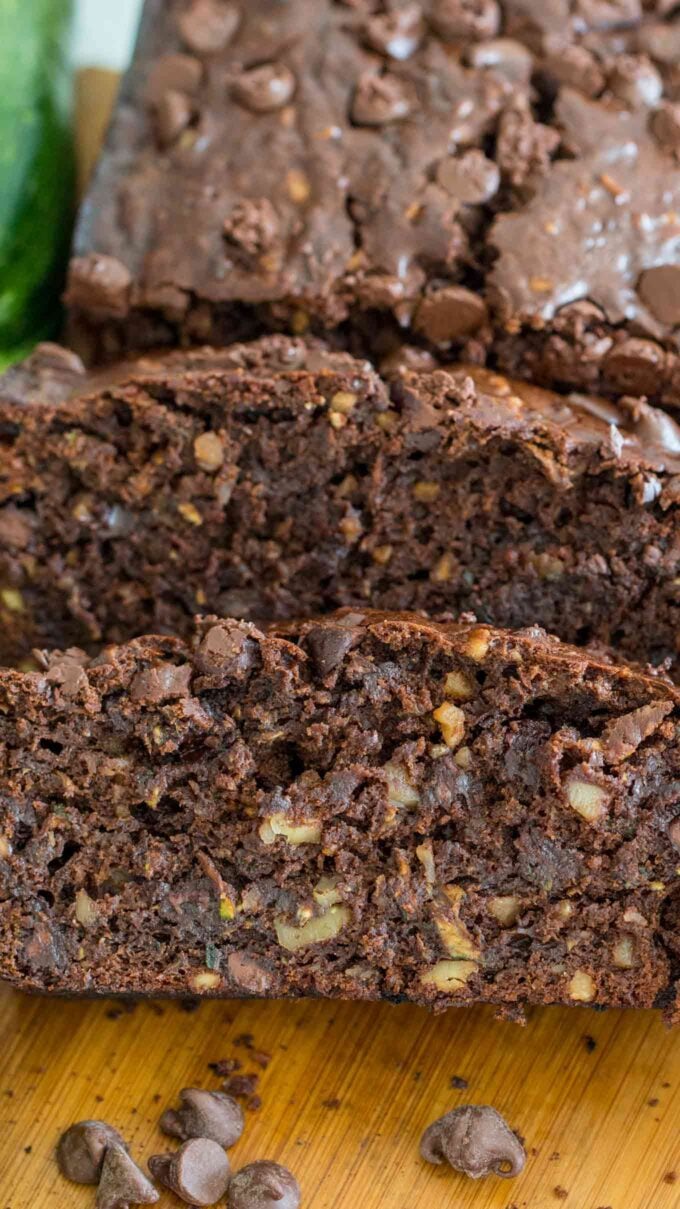 sliced chocolate zucchini bread with chocolate chips