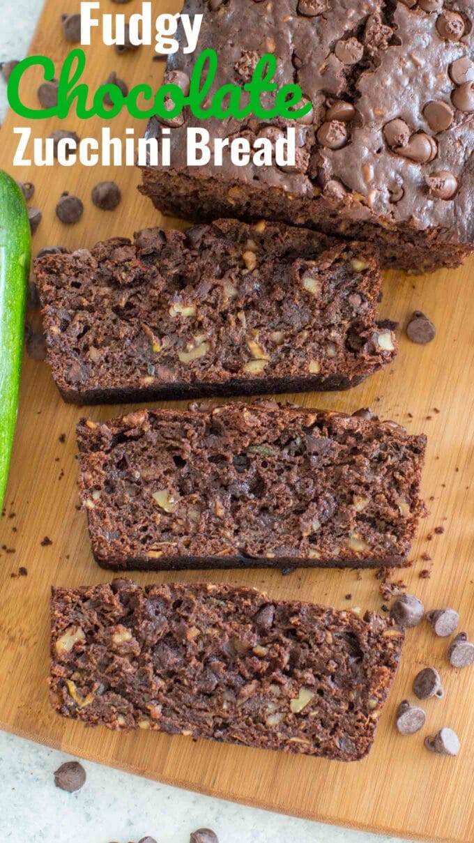 chocolate zucchini bread sliced on a cutting board with text overlay