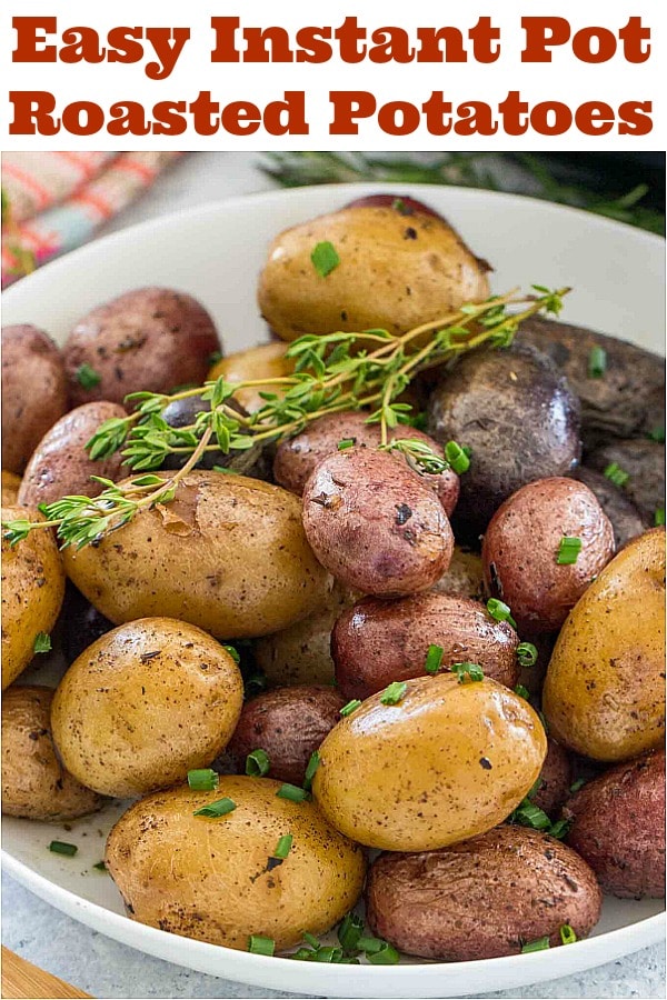 photo with text overlay of crispy roasted potatoes with herbs