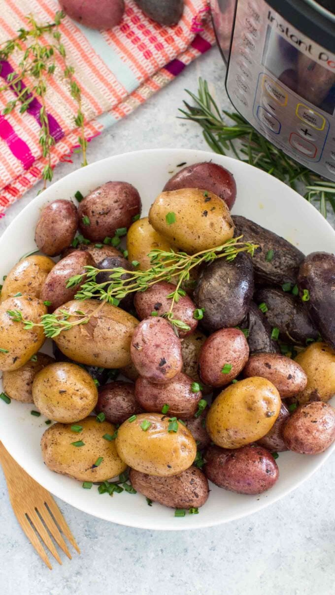 a plate of mini roasted potatoes