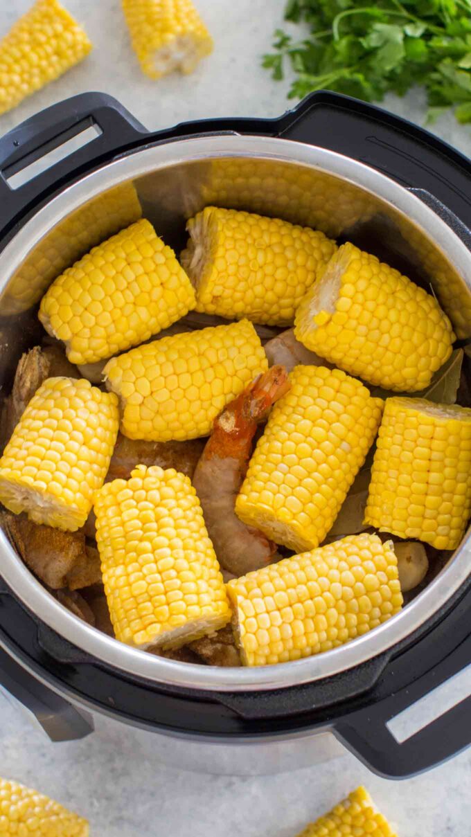 instant pot shrimp boil ingredients added to the instant pot