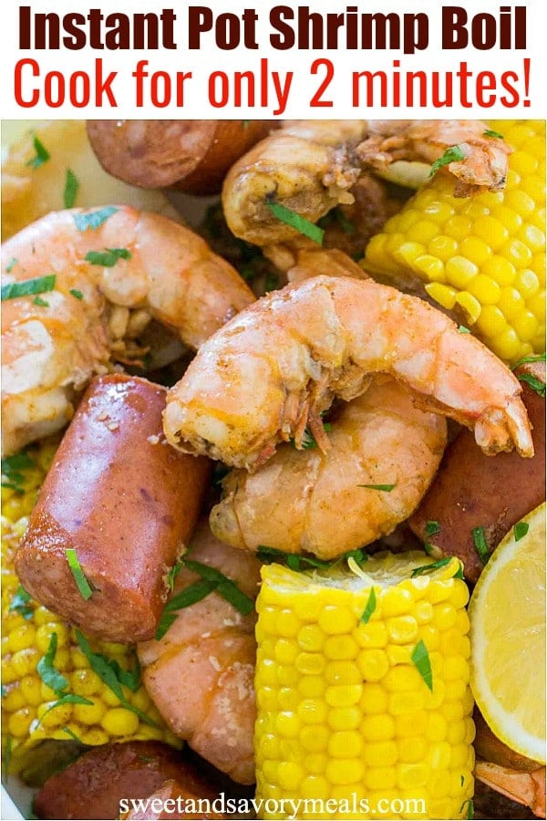 pin with text overlay that reads instant pot shrimp boil cook for only 2 minutes!