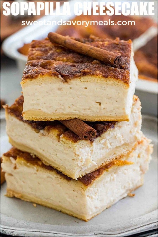 stacked Mexican sopapilla cheesecake bars topped with cinnamon