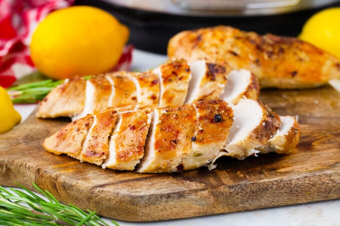 Seared and sliced, cooked instant pot chicken breast from frozen.