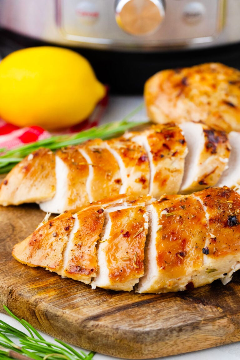 Golden-brown cooked instant pot chicken breast from frozen.