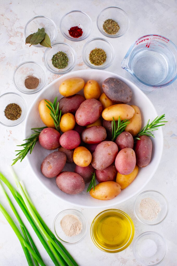 Overhead shot of instant pot roasted potatoes recipe ingredients.