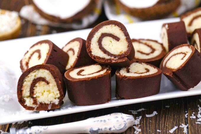 no bake mounds roll slices with a thick coconut filling