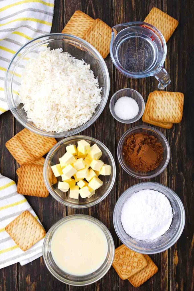 no bake mounds roll ingredients in bowls on a table