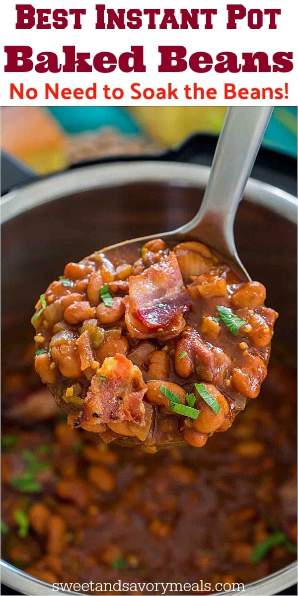 a ladle full of baked beans and bacon cooked in the instant pot