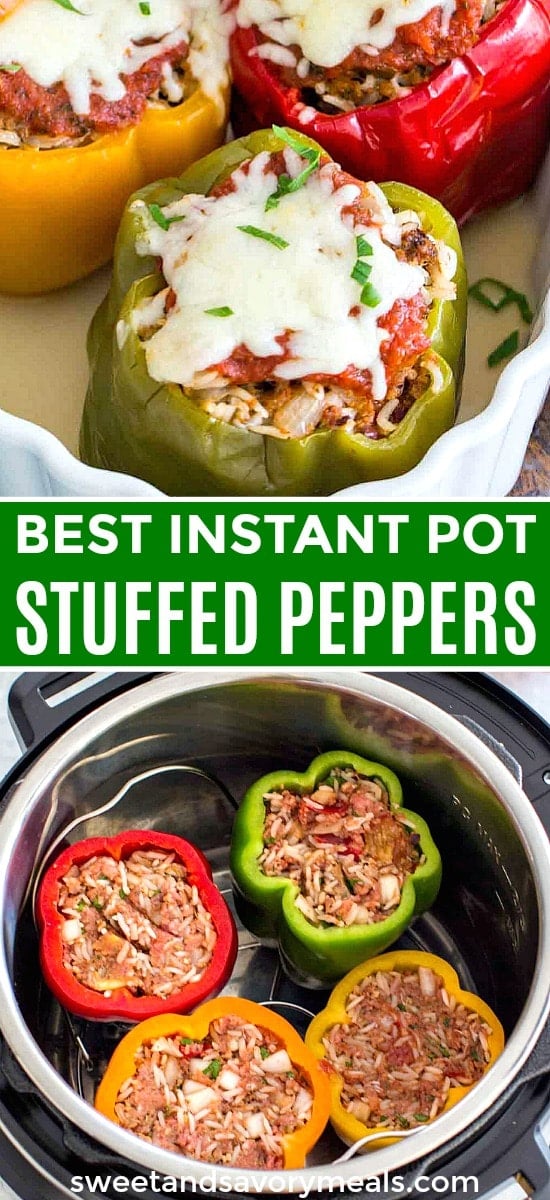 photo collage of instant pot stuffed peppers topped with melted cheese for pinterest