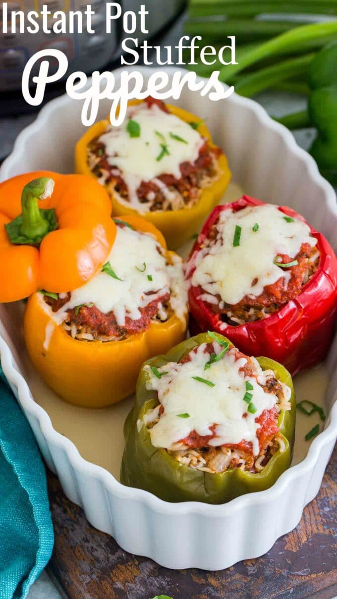 Instant pot stuffed peppers garnished with melted cheese