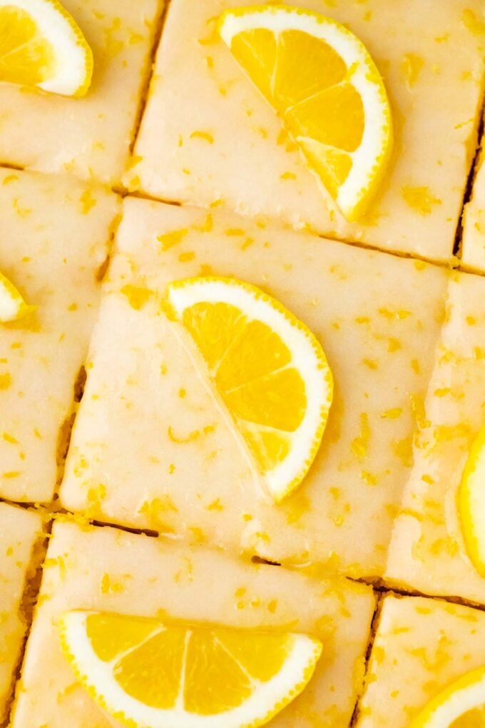 Overhead shot of lemon brownies topped with lemon glaze.