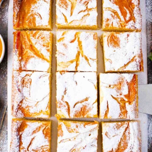 overhead shot of sliced persimmon cheesecake pound cake bars