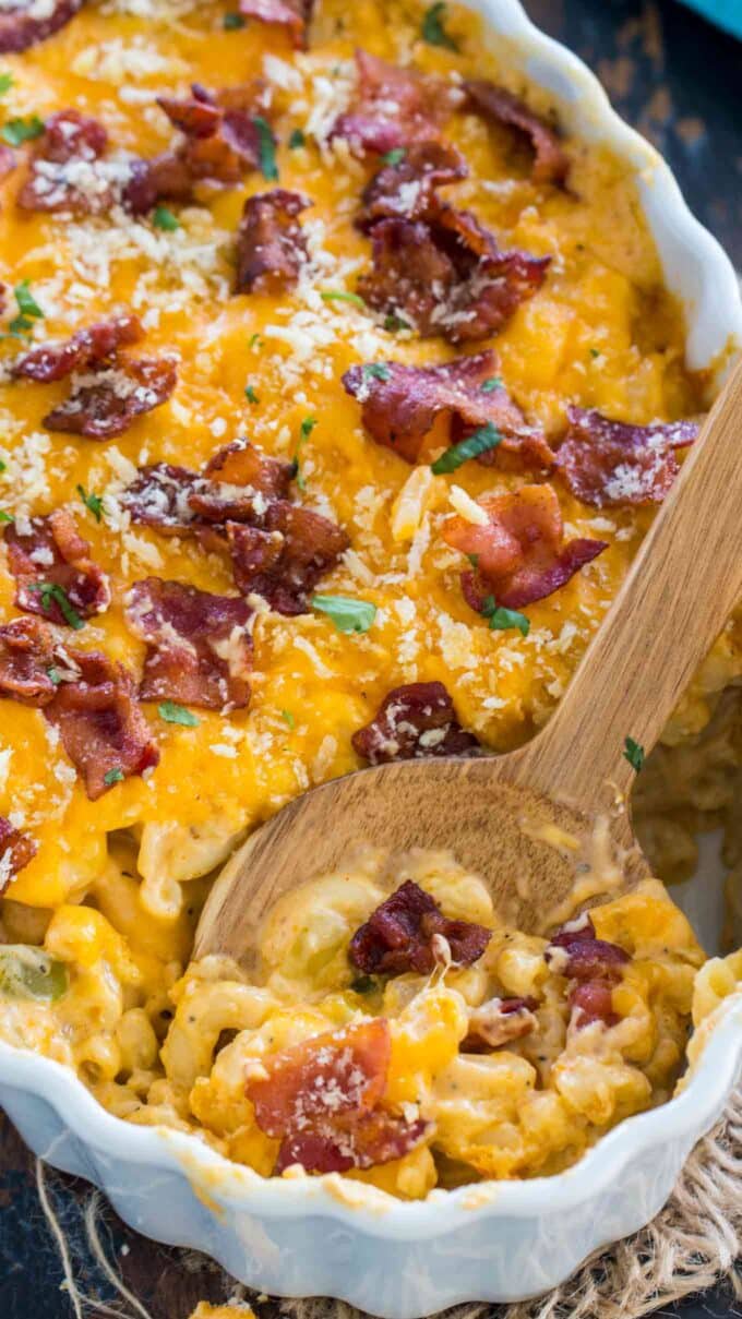 Cheesy Crack Chicken Casserole is the perfect dish to feed a large crowd. Deliciously cheesy and loaded with tender chicken and topped with crispy bacon.