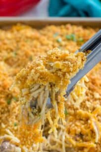 Chicken Spaghetti Casserole is a very easy and hearty dinner. Loaded with chicken, veggies, spaghetti, lots of cheddar cheese and baked in a mushroom sauce.
