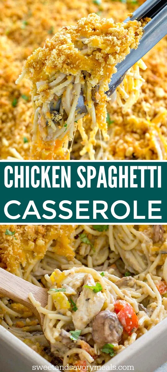 Homemade chicken spaghetti casserole picture for Pinterest.