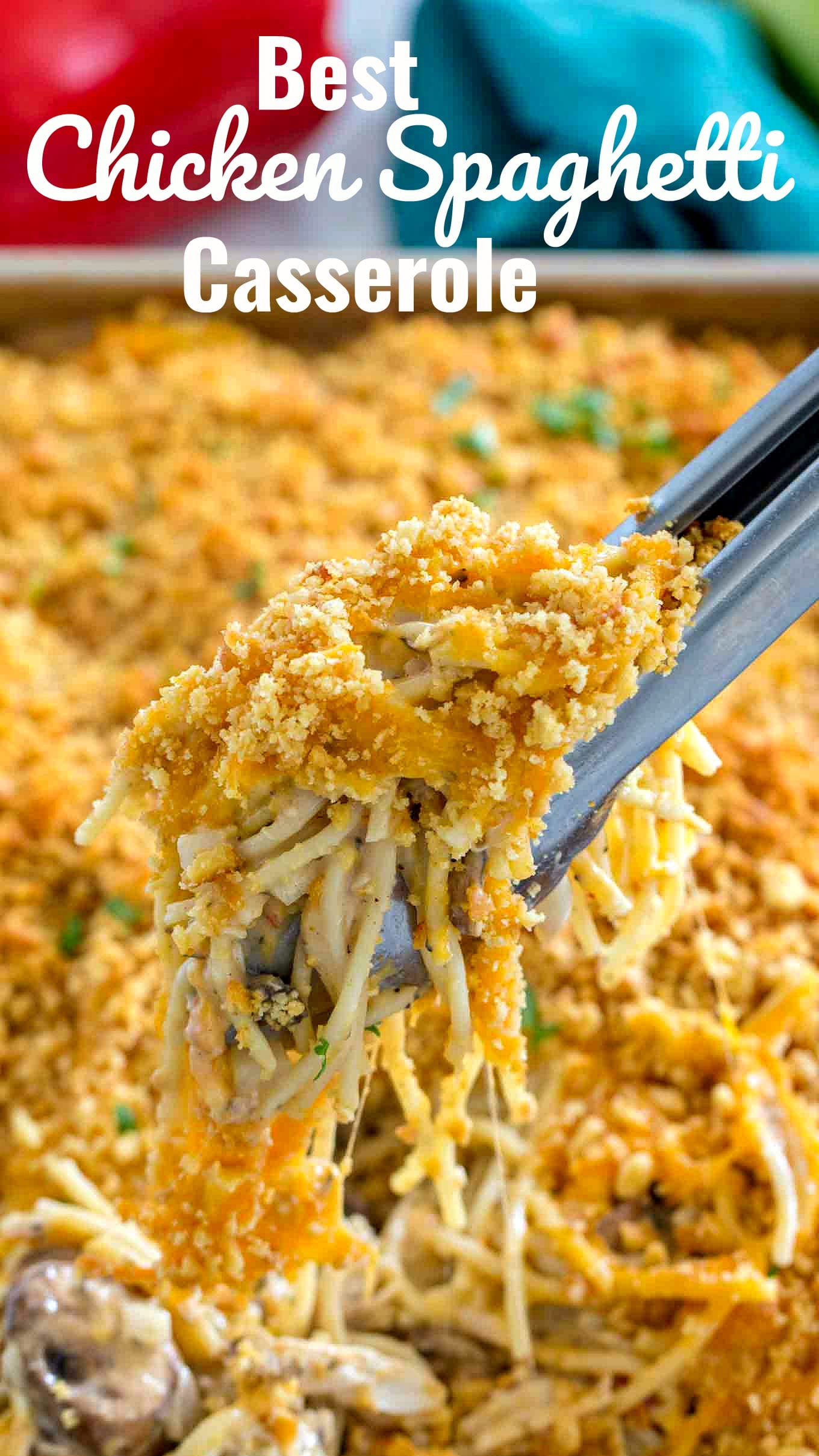 Chicken Spaghetti Casserole is a very easy and hearty dinner. Loaded with chicken, veggies, spaghetti, lots of cheddar cheese and baked in a mushroom sauce. Best Chicken Spaghetti Casserole