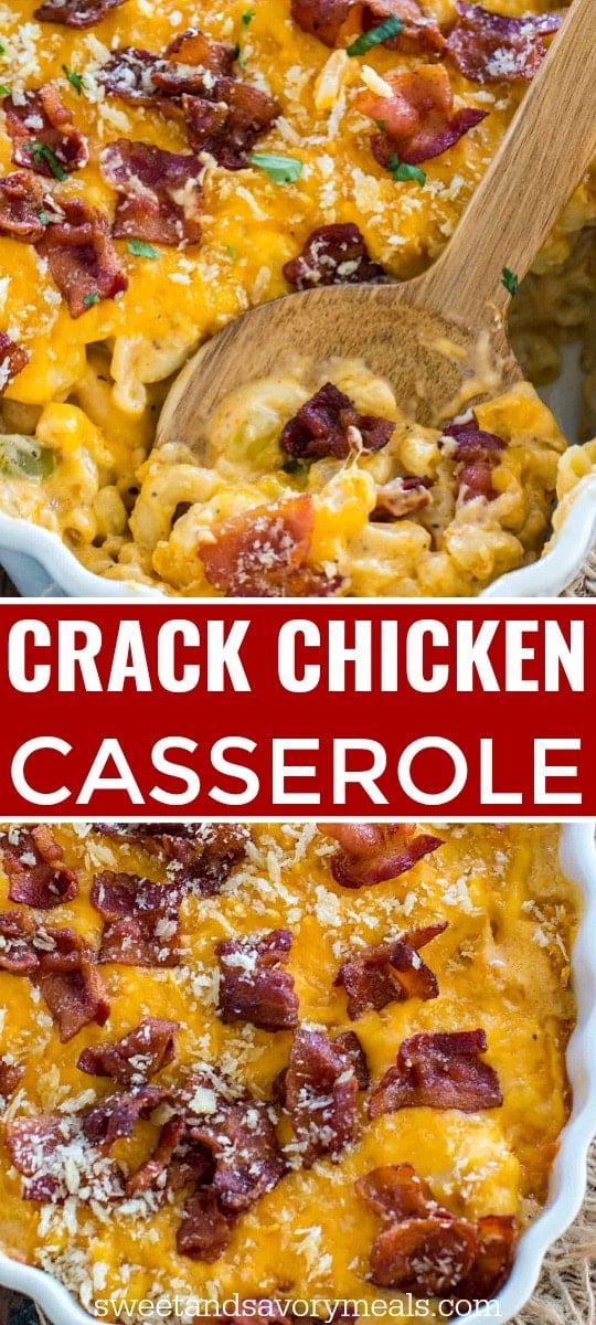 image of cheesy crack chicken casserole topped with bacon for pinterest