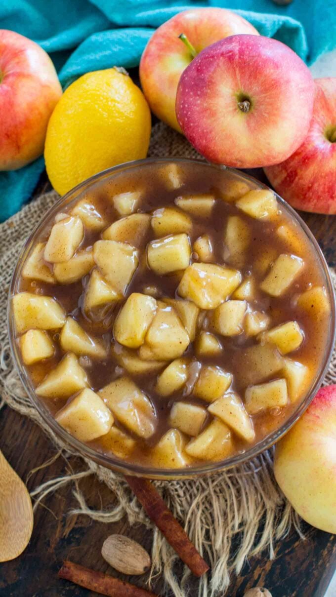 homemade apple pie filling with cinnamon in a large bowl