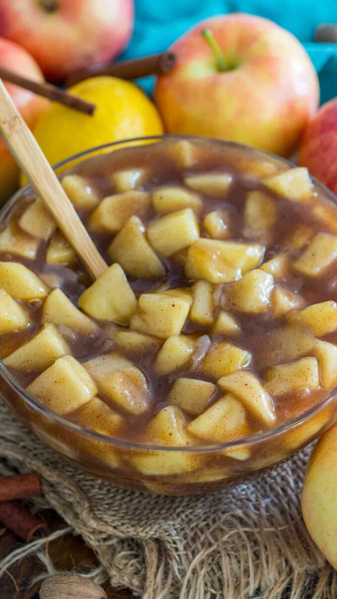 homemade apple pie filling in a large bowl