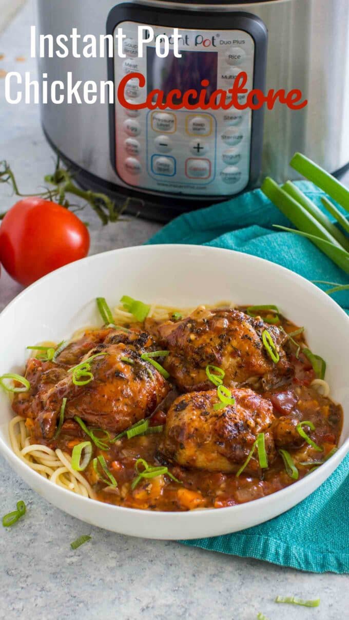 Pressure Cooker Chicken Cacciatore served on top of pasta with an instant pot in the background