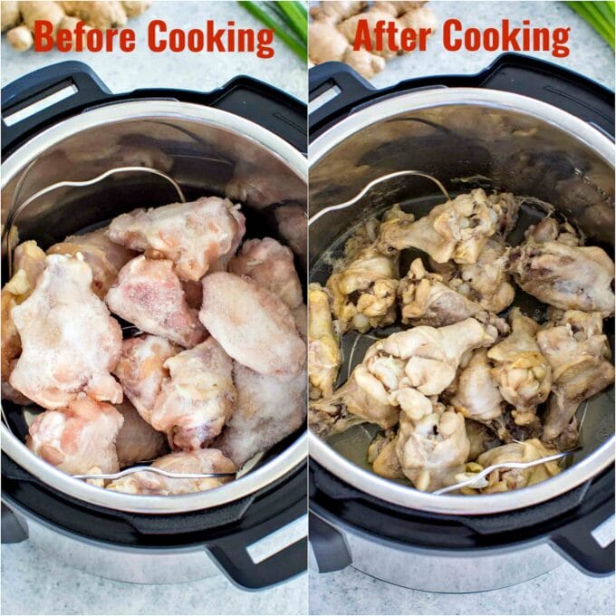 Frozen chicken wings cooked in the instant pot before and after cooking