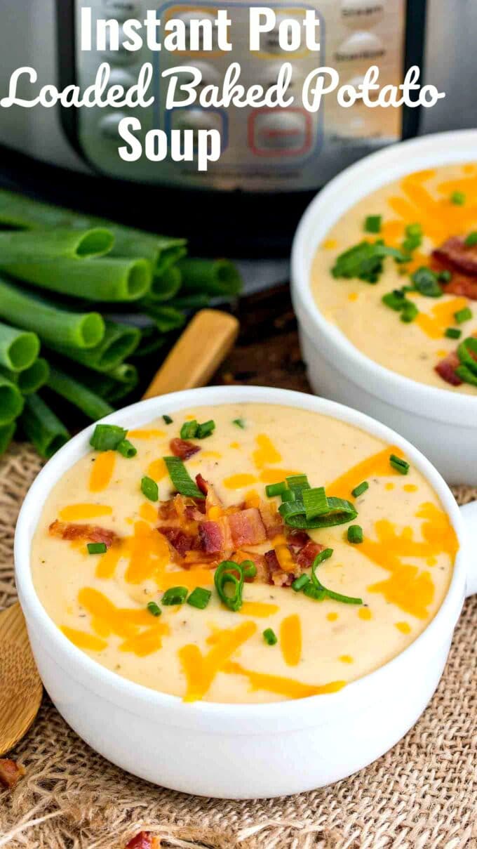 instant pot loaded baked potato soup garnished with shredded cheese and green onions