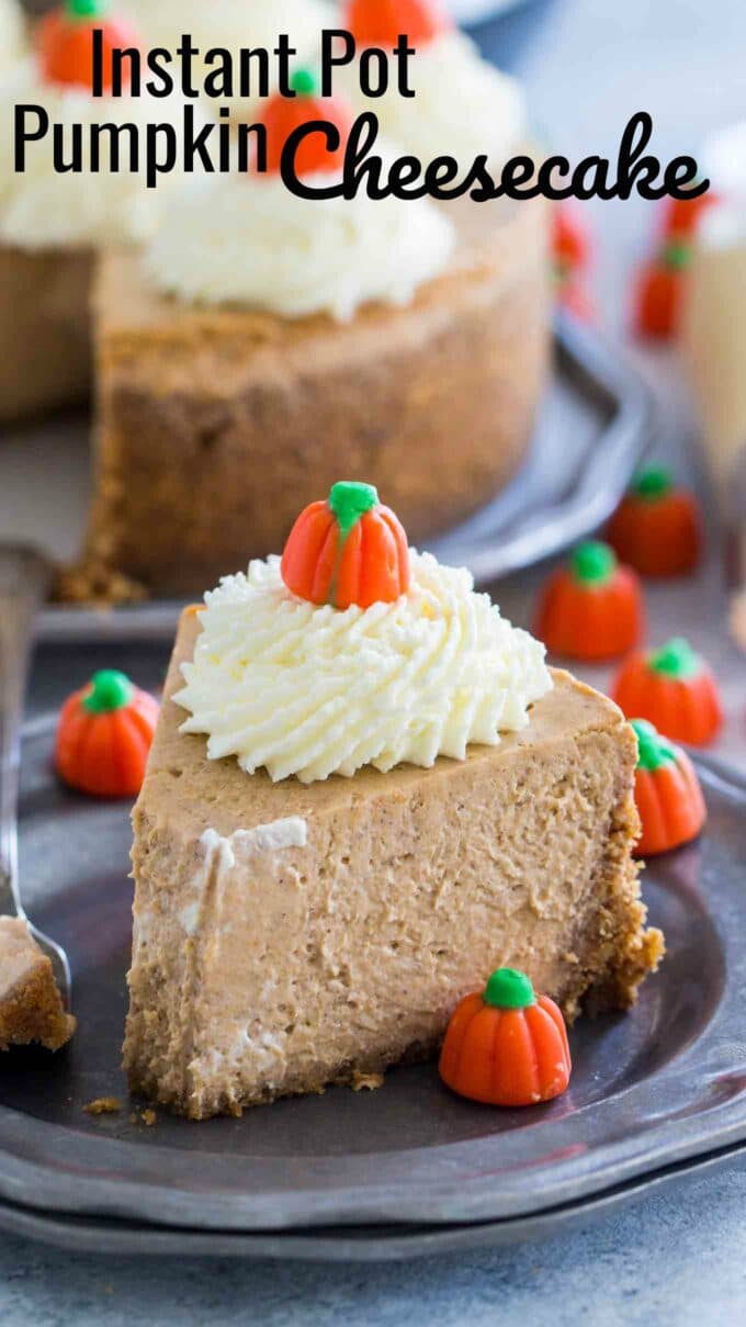 Slice of pumpkin cheesecake on a silver plate made in the instant pot
