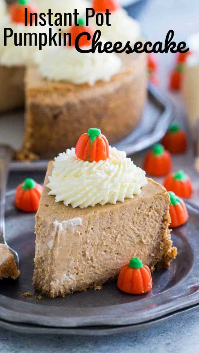 Slice of pumpkin cheesecake made in the instant pot served on a silver plate