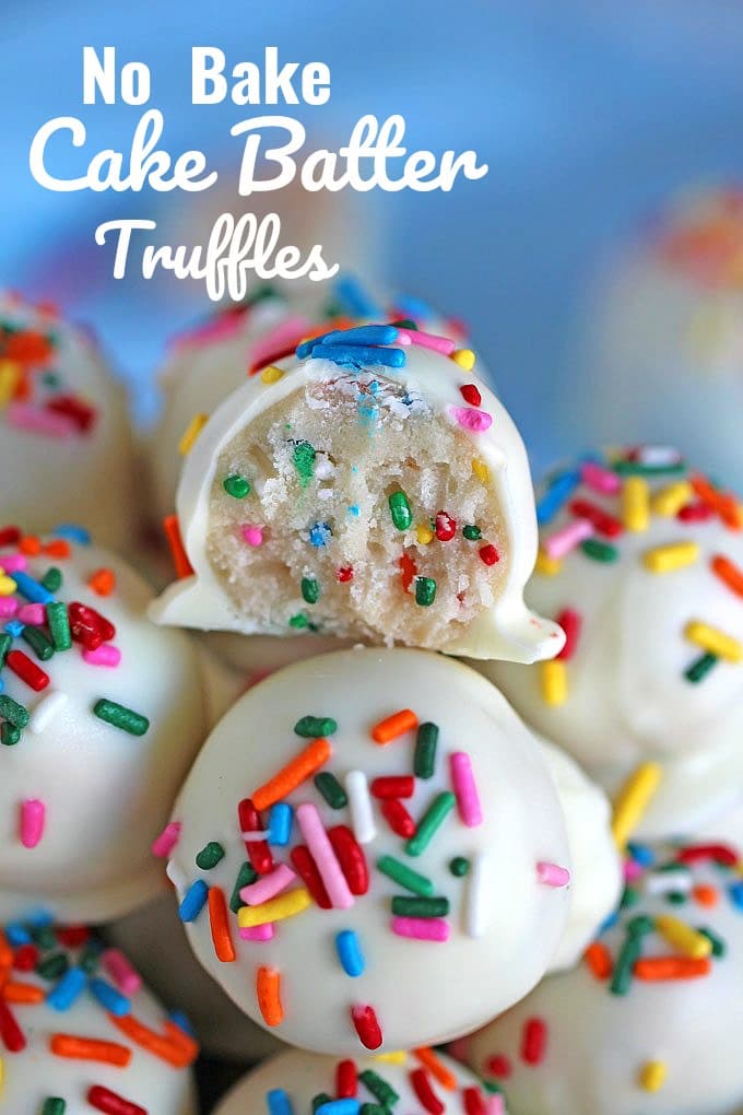 Image of no bake cake batter truffles topped with sprinkles. 