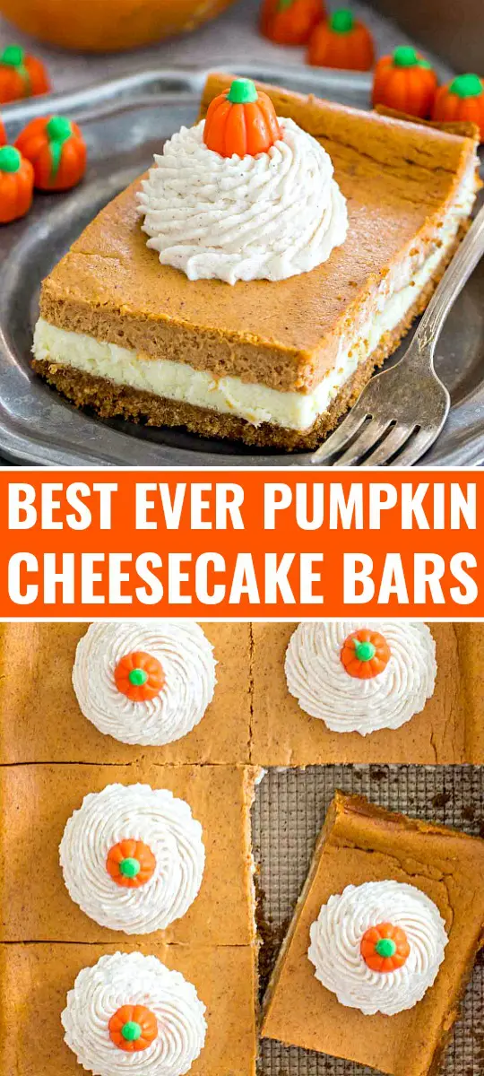 best pumpkin cheesecake bars photo collage for interest with text overlay
