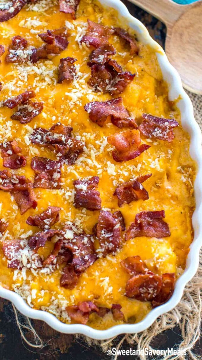 bacon cheddar ranch chicken casserole topped with crispy bacon pieces