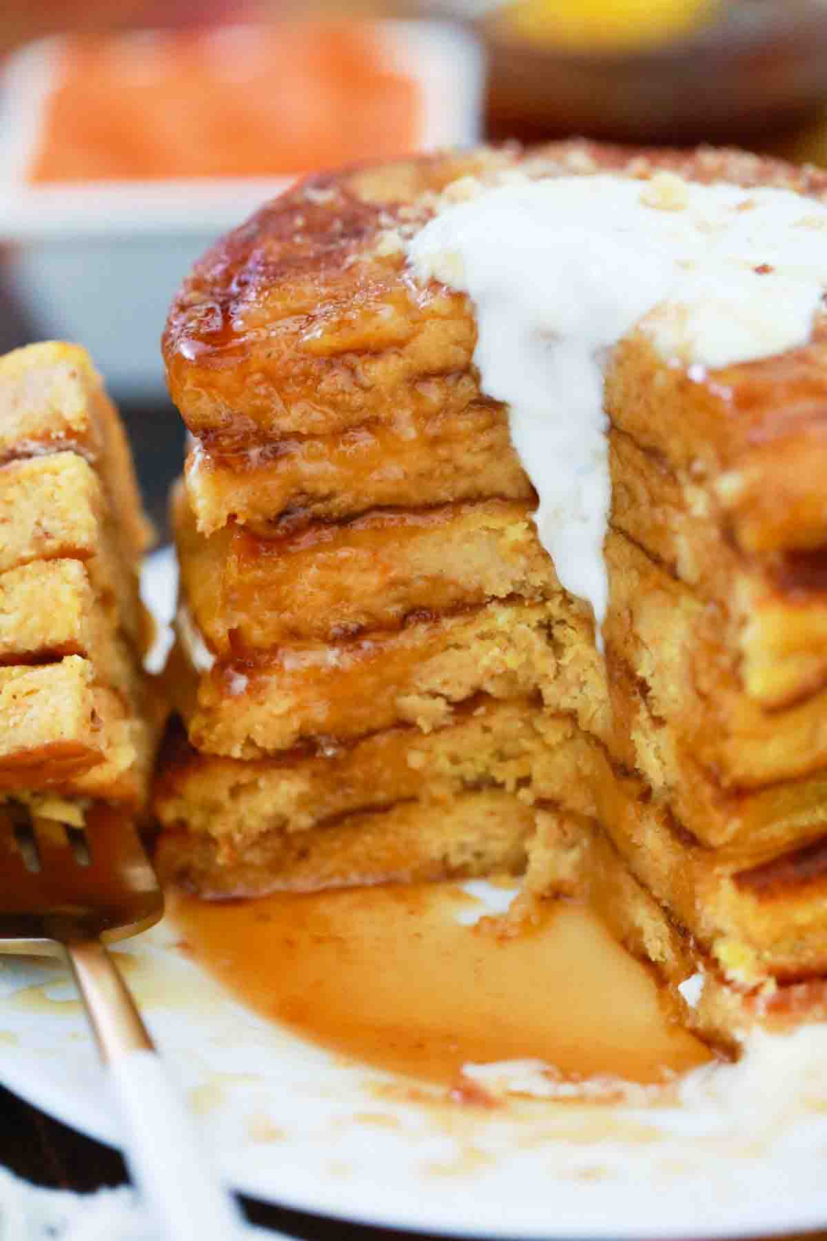 pumpkin cheesecake pancakes sliced revealing the center