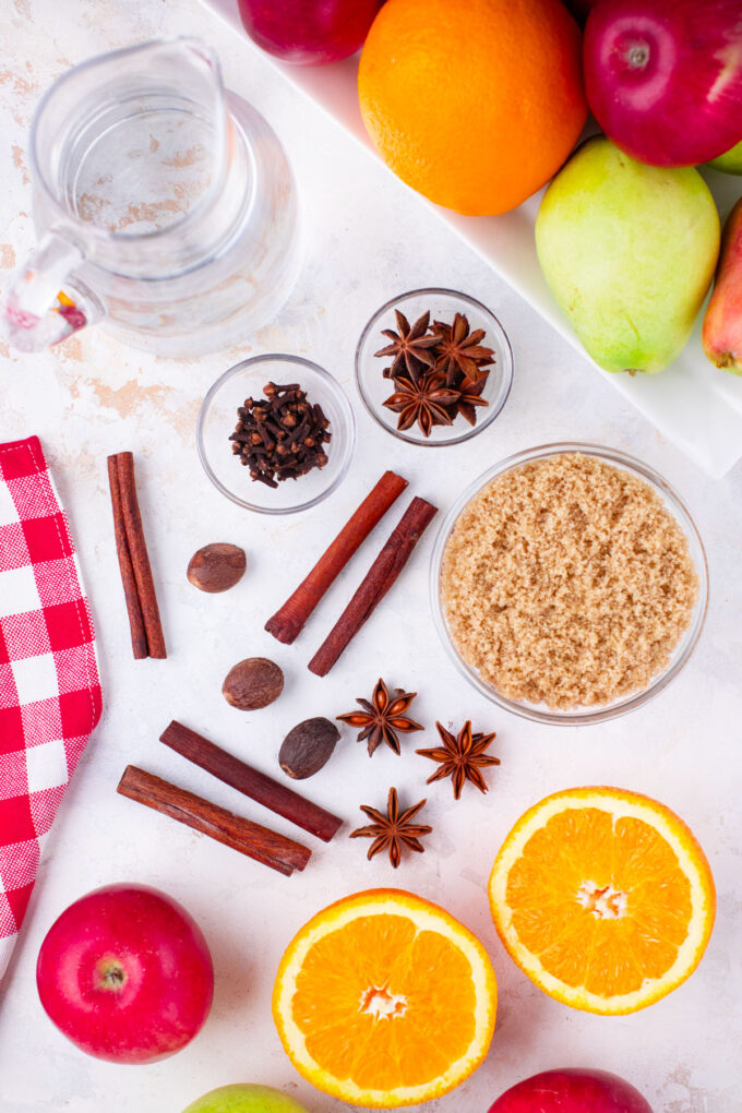 Overhead shot of slow cooker apple cider recipe ingredients.