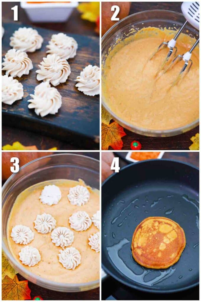 photo collage of steps how to make pumpkin cheesecake pancakes
