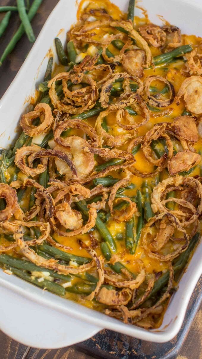 overhead shot of homemade green bean casserole with cream of mushroom soup and French fried onions