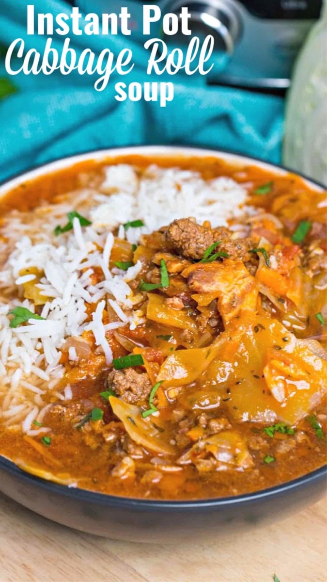 a bowl of Instant Pot Cabbage Roll Soup with rice and ground beef