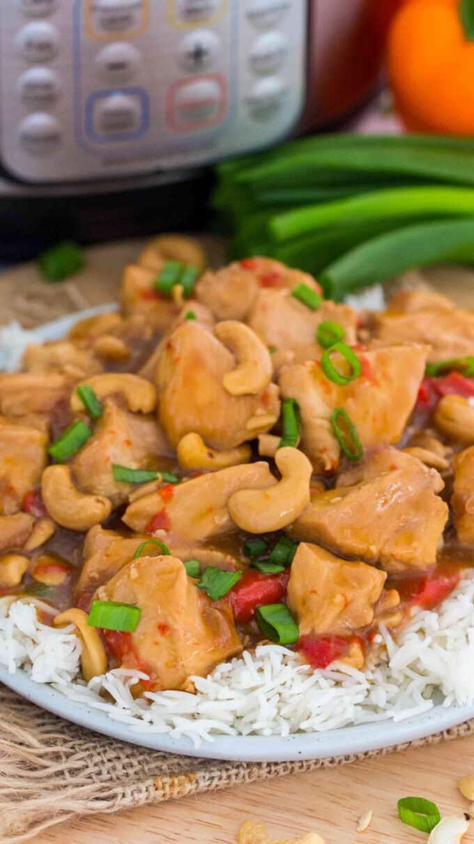 homemade instant pot cashew chicken served with rice