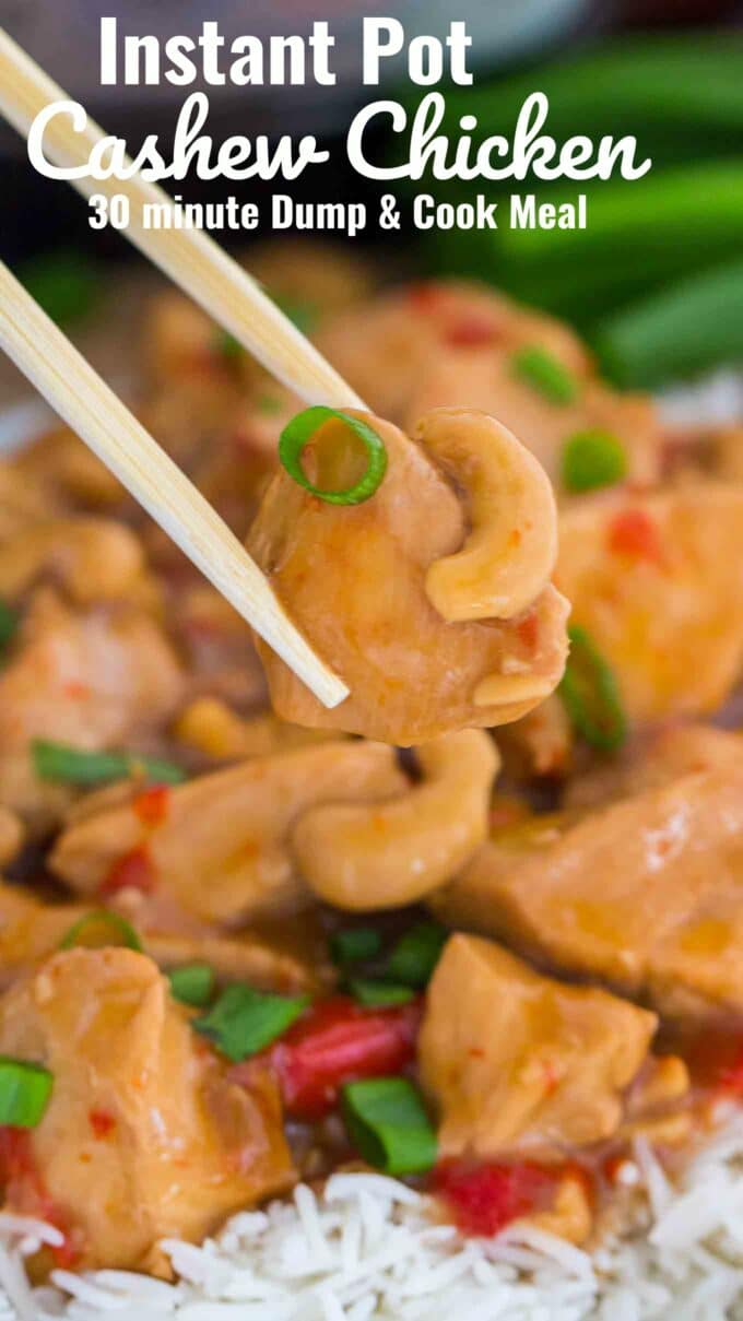 a chopstick holding cashew chicken