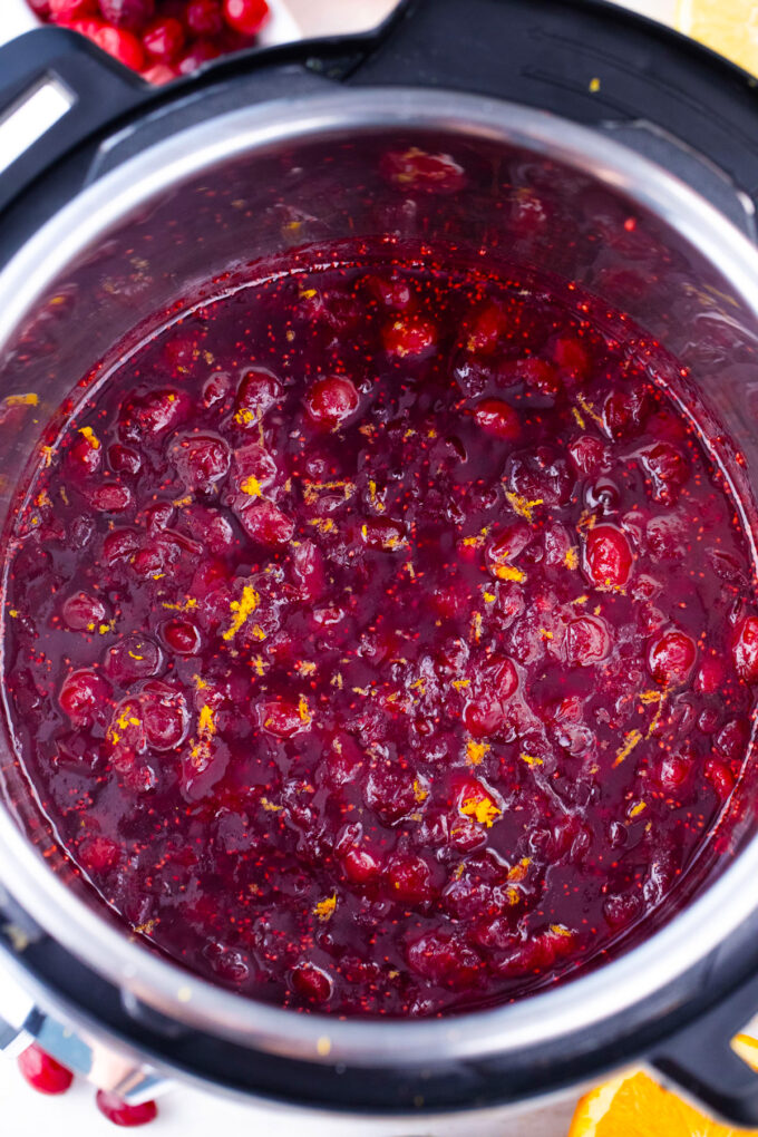 Overhead shot of Instant Pot cranberry sauce with orange zest.