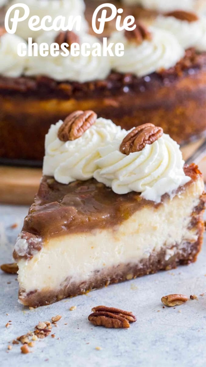 A slice of tasty Pecan Pie Cheesecake topped with whipped cream